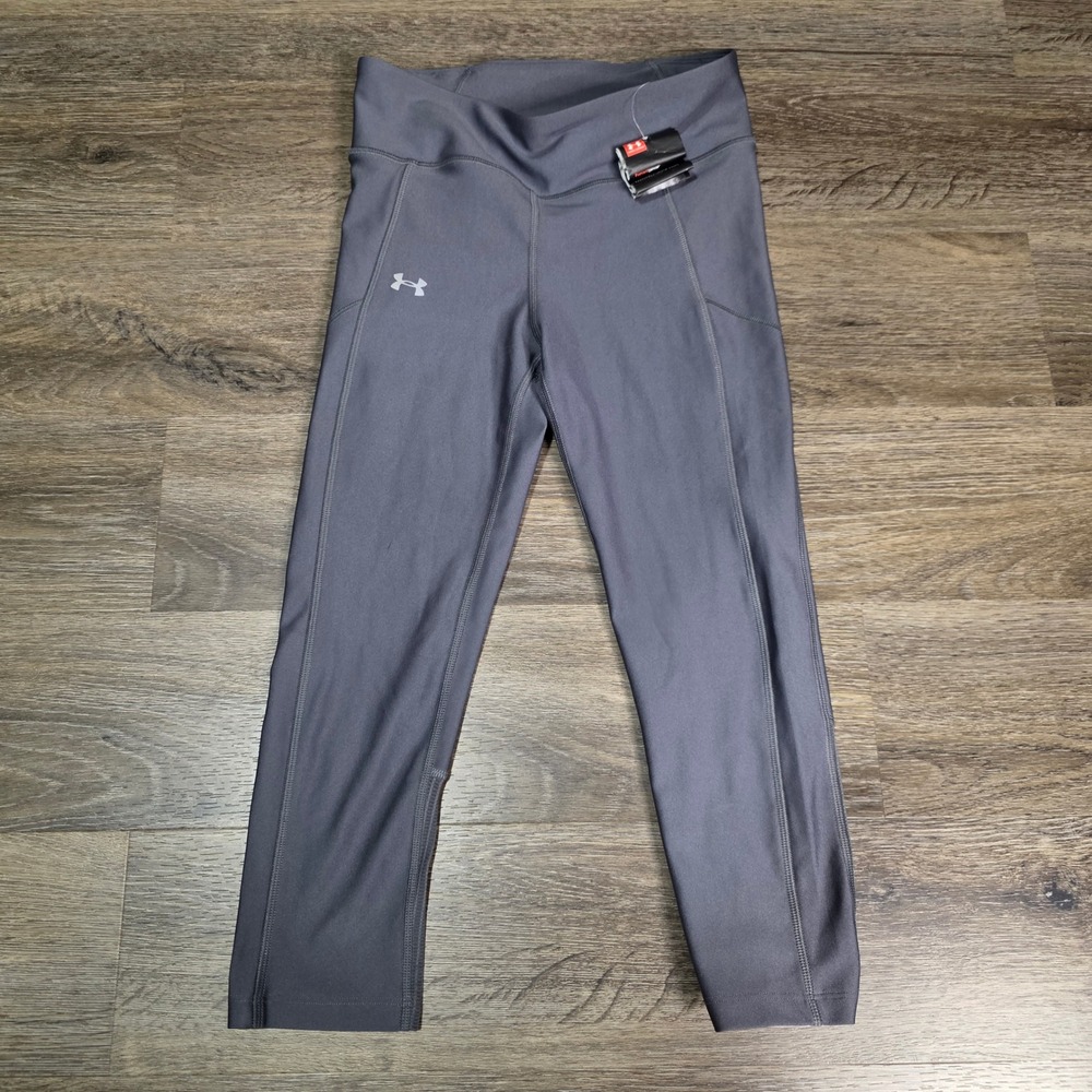 Under Armour Womens Small Crop Leggings Gray HeatGear Compression Pockets